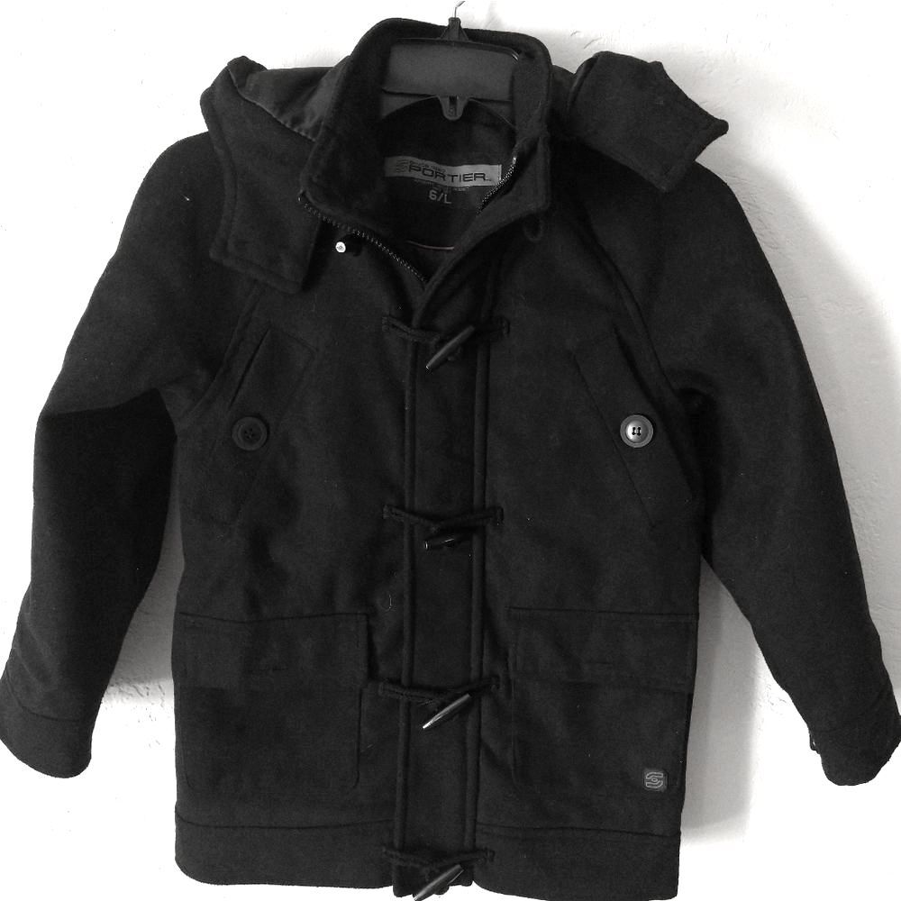 Sportier Black Coat with Removable Zippered Hood and Toggle Buttons